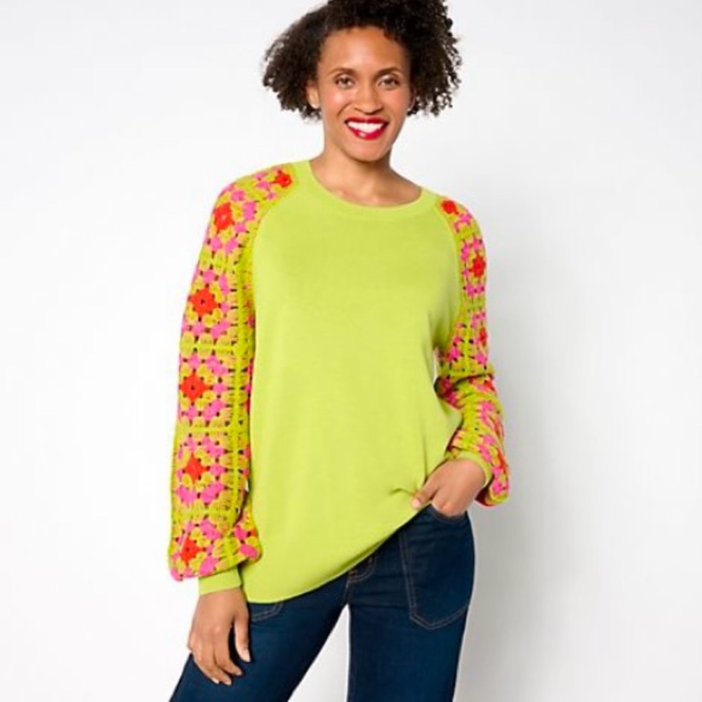 Belle Boho by Kim Gravel Granny Square
Crochet Sleeve Green Pink Sweater Small